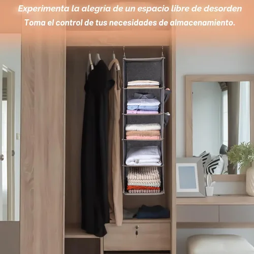 Miniatura 5 de BOOMIBOO Organizador de armario colgante y estantes, 5 estantes colgantes con 2 bolsillos laterales, almacenamiento plegable (gris)