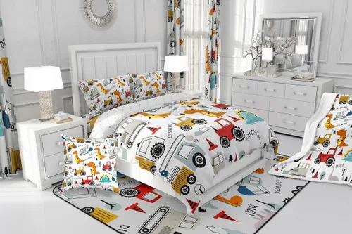 Miniatura 9 de Feelyou Juego de ropa de cama de construcción para niños, tamaño queen, niños, dinosaurios de dibujos animados, juego de funda de edredón para Multi