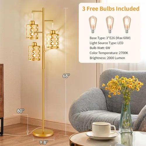 Miniatura 4 de Lámpara de pie regulable de 68 pulgadas, moderna lámpara de pie con elegante jaula de metal, lámparas de pie industriales de árbol alto para sala