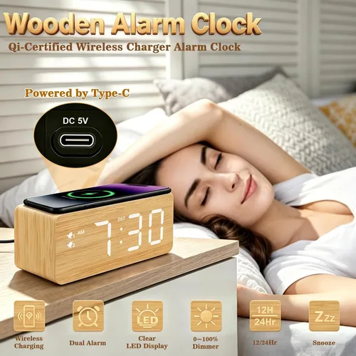 Miniatura 2 de URAYCO Reloj despertador digital de madera con cargador inalámbrico rápido de 10W, puertos de carga USB, DST, atenuable, modo repetición, pantalla