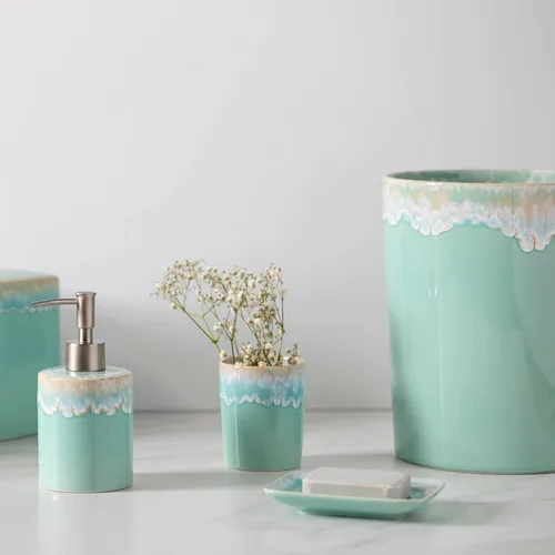 Miniatura 2 de Casafina Cubo de basura de cerámica – Colección Taormina, Aqua Accesorios de baño de cerámica Decoración de baño de calidad 8 x 9.75 pulgadas