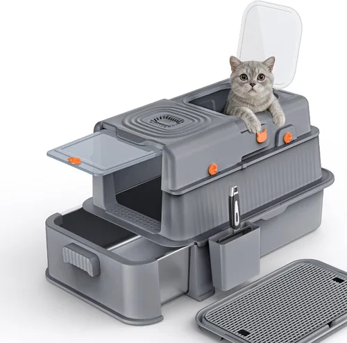 Soulbond Caja de arena de acero inoxidable para gatos con tapa, caja de arena de metal grande cerrada con cajón y puerta abatible para gatos
