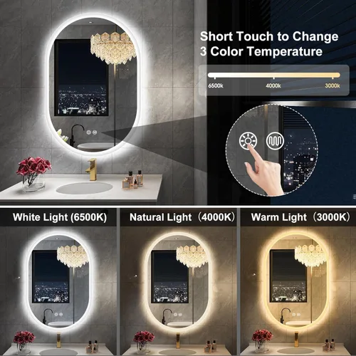 Miniatura 2 de S'bagno Espejo LED ovalado de 20 x 32 pulgadas para baño con luz delantera y trasera, antivaho, 3 colores de temperatura y regulable, espejo de baño