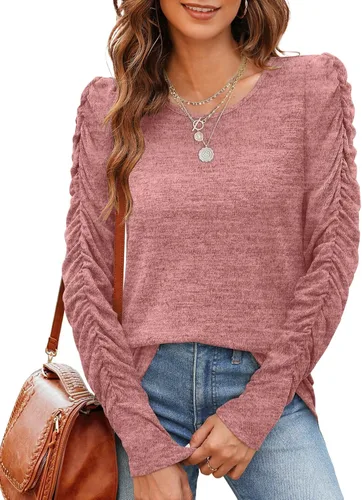 Miniatura 3 de OFEEFAN Camisetas de manga larga para mujer, túnicas ligeras, manga abombada, cuello redondo, ropa de otoño de moda 2023