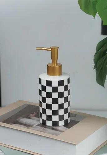 Miniatura 4 de Dispensador de jabón de cerámica a cuadros blanco y negro, plato de loción líquida, dispensador de jabón de tablero de ajedrez, botella con bomba