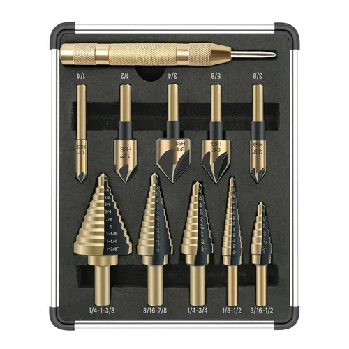 Paquete de 5 brocas escalonadas y 5 brocas avellanadas, 50 tamaños de brocas con revestimiento de titanio HSS para metal, acero inoxidable,