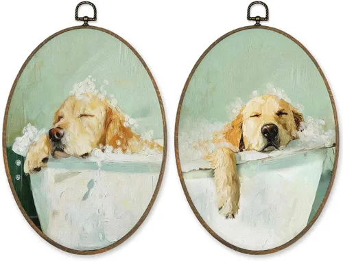 LKETW Divertida decoración ovalada de pared de baño Golden Retriever, regalos de Golden Retriever, decoración ovalada para colgar en lienzo,
