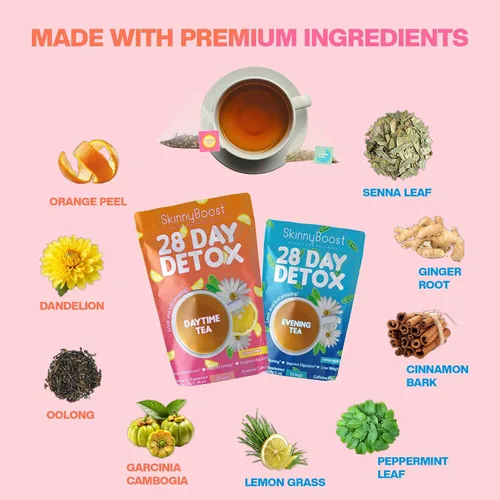 Miniatura 3 de SkinnyBoost - Kit de té desintoxicante de 2 paquetes – 1 de día HIBISCO (28 bolsas) + 1 de noche MANZANA CANELA (14 bolsas) – Desintoxicación herbal