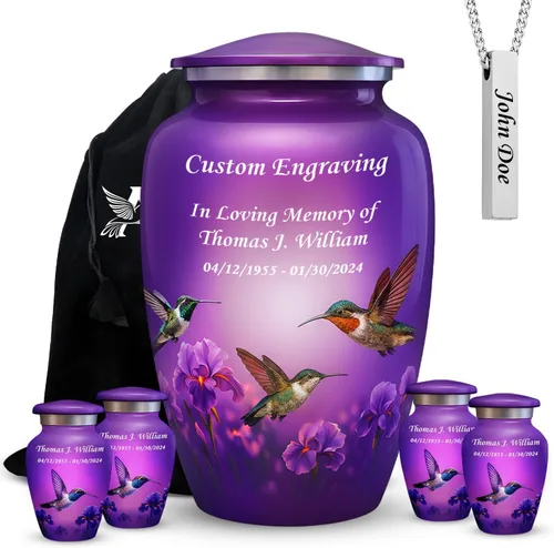 Miniatura 24 de Juego de 6 urnas funerarias decorativas negras y doradas personalizadas/grabadas para cenizas humanas, hombres y mujeres, con 1 urna grande