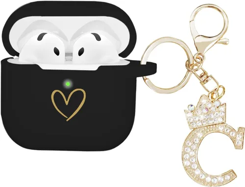Miniatura 21 de Compatible con AirPods 4 Cover 2024, funda de silicona suave con patrón de corazón dorado para 4ª generación, llavero de letra A-Z con diamantes