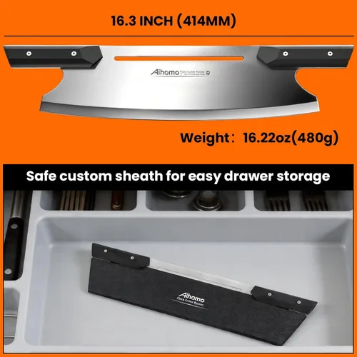 Miniatura 7 de Cuchilla de corte de pizza de 13 pulgadas, cuchillo de pizza japonés ultra afilado 420J1, cortador de pizza resistente con mango doble G10
