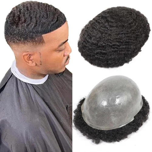 Miniatura 14 de HAPPY&CC Manejar cabello afro unidad negro hombres cabello humano toupee peluca francesa encaje pieza de pelo sistema de reemplazo para hombres #1
