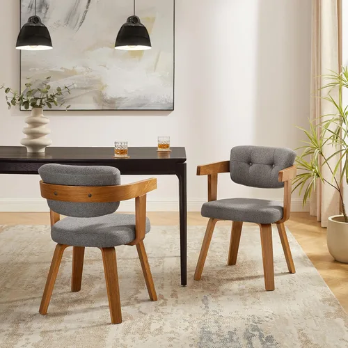 Miniatura 8 de Art Leon Silla de oficina sin ruedas, moderna de mediados de siglo, silla de escritorio tapizada de tela sin ruedas, silla con brazo decorativo