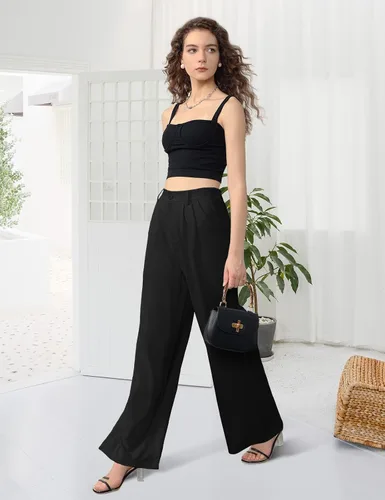 Miniatura 9 de Tapata Pantalones de pierna ancha para mujer, pantalones de vestir de cintura alta, casuales, elásticos, bolsillos para el trabajo y negocios