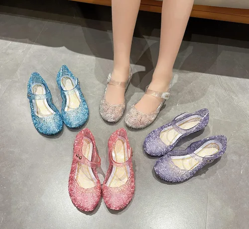 Miniatura 9 de Zapatos de gelatina para niñas, sandalias de cumpleaños de princesa Snow Queen para niñas pequeñas, sandalias azules con purpurina talla 9