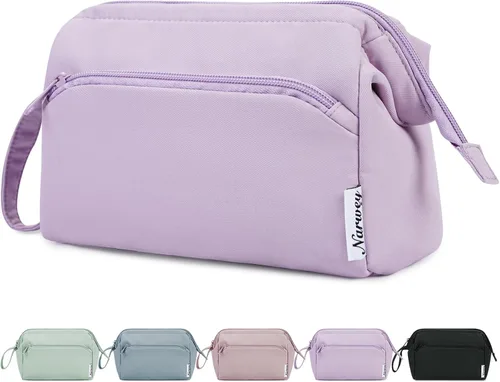 Miniatura 15 de Narwey - Bolsa grande de maquillaje con cremallera de apertura completa, organizador de cosméticos de viaje para mujeres y niñas, Azul grisáceo.