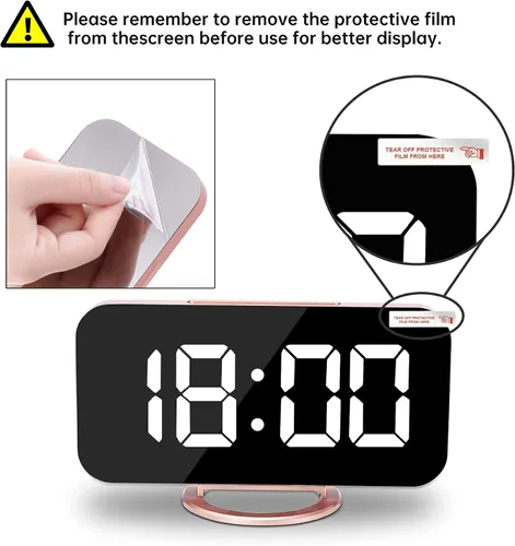 Miniatura 8 de Reloj despertador digital, relojes electrónicos con espejo LED de 7 pulgadas, con 2 puertos de carga USB, modo de suspensión, ajuste automático