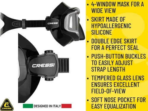 Miniatura 3 de Cressi Wide View Dive Mask - 4-Window Tempered Glass - Soft Silicone Skirt for Perfect Seal - Pano 4: Designed in Italy
