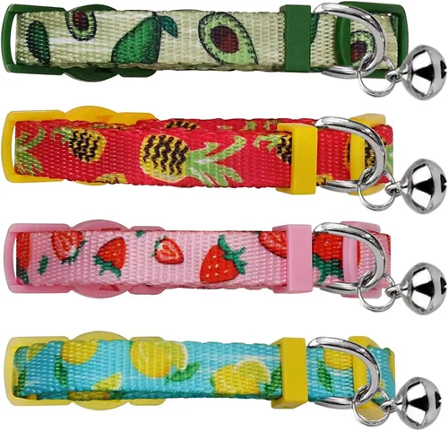 Miniatura 4 de azuza Paquete de 4 Collares para Gatos y Gatitos de Liberación Rápida con Campana, Hebilla Segura Ajustable 2#Fruta