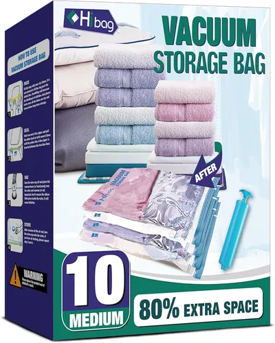 Miniatura 8 de HIBAG Bolsas de Almacenamiento al Vacío con Sellado, 10 Bolsas Jumbo Ahorradoras de Espacio con Sellador al Vacío para Ropa, Edredones, Mantas, Ropa