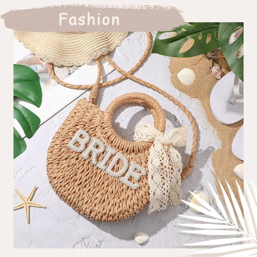 Miniatura 6 de Pinkunn Bolso de paja para novia, bolso tejido a mano, con parches de letras de diamantes de imitación, para despedida de soltera, luna de miel