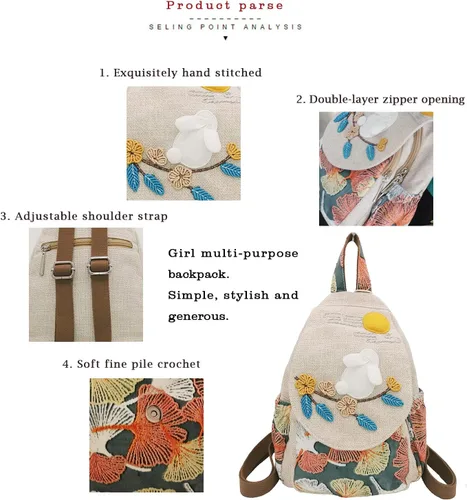 Miniatura 24 de HUANGGUOSHU Mochila de algodón tejida de algodón bohemio con bordado de lona estilo bohemio con múltiples bolsillos retro linda mochila cartera