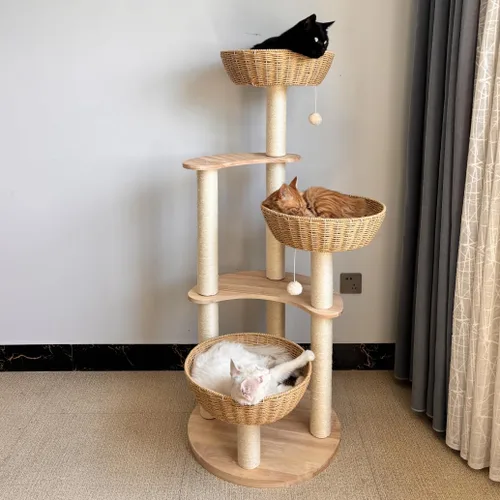 Miniatura 2 de Árbol Moderno de Madera para Gatos Grandes, Torres Sólidas de Árboles para Gatos de Roble de Ratán de Lujo, 3 Nidos de Gatos Tejidos y Cojines
