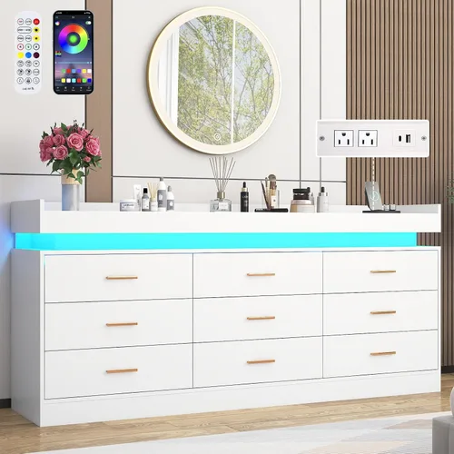 Cómoda de 9 cajones con luz LED y estación de carga, cómoda moderna de 63 pulgadas para armario, armario organizador de cajones anchos para Blanco