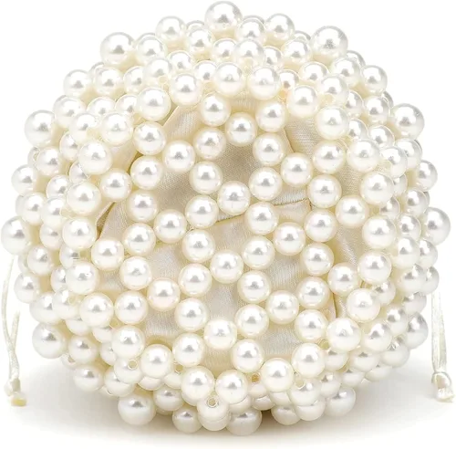 Miniatura 7 de SharPlus White Beaded Pearl Bucket Handbag for Women, Small Tube Clutch Purse Evening Bag for Bridal, Wedding, Party