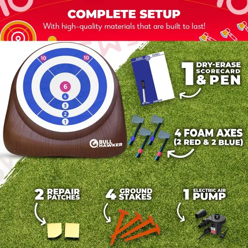 Miniatura 6 de Swooc Games - Bull Hawker Dardos de hacha gigante con más de 15 juegos Juego de lanzamiento de hachas para patio trasero con bomba de aire