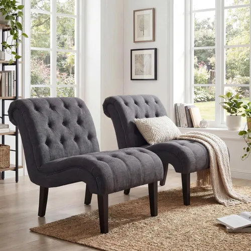Miniatura 14 de Silla decorativa de piel sintética negra moderna con botones capitoné tapizada sin brazos para dormitorio, sala de estar con patas de madera