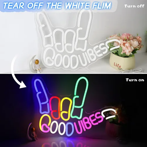 Miniatura 6 de Good Vibes - Letrero de neón regulable con interruptor de encendido/apagado, letreros de neón alimentados por USB para decoración de pared, letreros