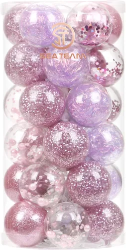 Miniatura 32 de Sea Team Juego de bolas de Navidad de plástico transparente inastillables, bolas decorativas de varios tamaños con relleno delicadas decoraciones