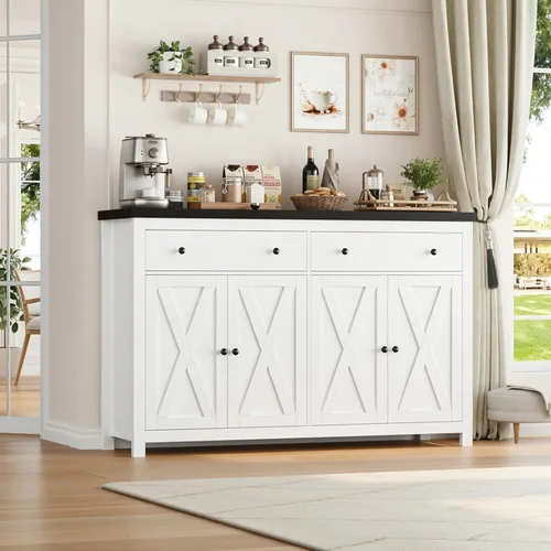 Miniatura 2 de FOTOSOK Aparador Buffet con Almacenamiento, Gabinete de Almacenamiento de Cocina Grande de 55" con 2 Cajones y 4 Puertas, Gabinetes de Barra de Café
