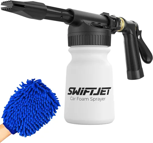 SwiftJet Pistola de espuma para lavar el auto + manopla de microfibra - Funciona con cualquier jabón - Pulverizador de espuma para coche con