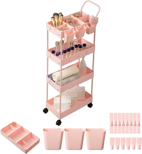 Danpinera - Carrito de almacenamiento rosa delgado de 4 niveles, carrito de lavandería estrecho con ruedas, divisores, tazas para colgar, ganchos,