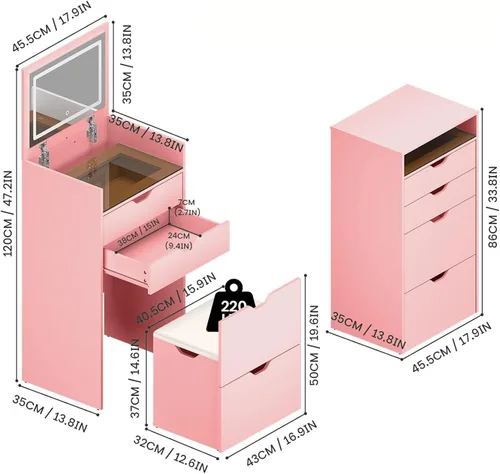 Miniatura 3 de Escritorio de tocador 3 en 1 para dormitorio con espejo iluminado superior abatible, tocador de maquillaje compacto de 17.9 pulgadas con 3 cajones