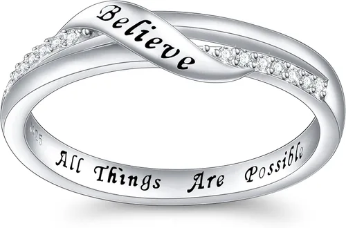 Joyería inspiradora de plata de ley grabada Believe All Things are Possible - Anillo de banda para mujer y novia, talla 5-10