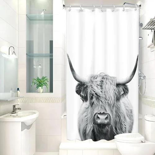 Miniatura 2 de AMBZEK - Cortina de ducha pequeña para establo con vaca de las tierras altas, 36 pulgadas de ancho x 72 pulgadas de largo, toro occidental, diseño