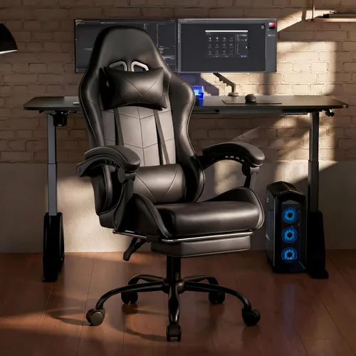 Miniatura 4 de Silla de juegos, silla ergonómica para computadora con reposapiés y soporte lumbar, silla de oficina ajustable en altura con asiento giratorio