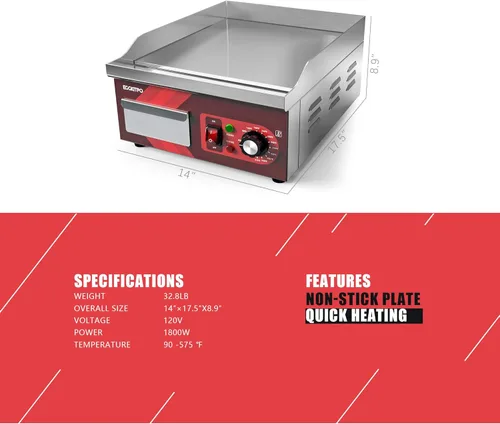 Miniatura 5 de EGGKITPO Plancha Eléctrica de 14 Pulgadas, Parrilla Antiadherente de Superficie Plana, Planchas Eléctricas Comerciales de Mostrador de Acero