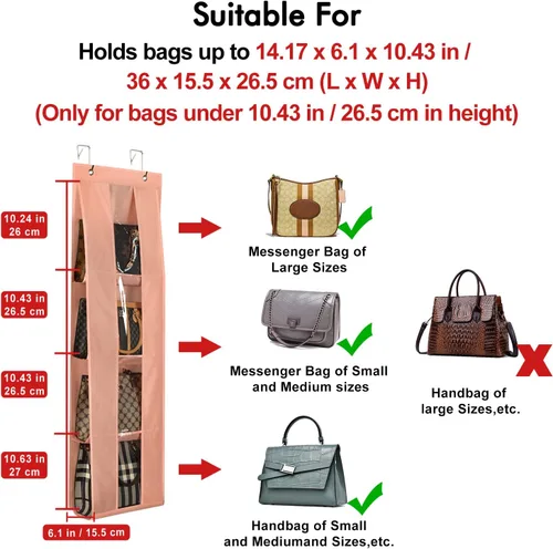 Miniatura 2 de Lirex Organizador de bolso para colgar sobre la puerta, organizador de almacenamiento de bolso con 4 bolsillos transparentes plegables, Rosa claro