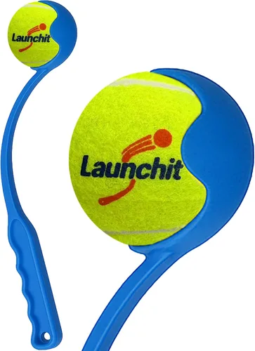 Lanzador de pelotas para perros, lanzador de pelotas de tenis, diseño compacto de 13.8 pulgadas con pelota mediana de 2.5 pulgadas (azul)