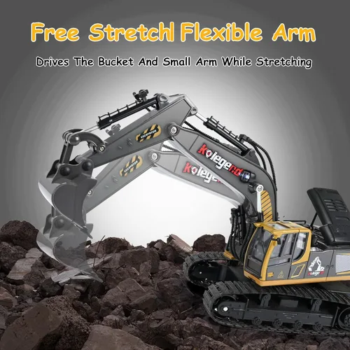 Miniatura 5 de kolegend - Juguete de excavadora a control remoto de 16 pulgadas, vehículos de construcción RC de 9 canales, excavadoras hidráulicas y vehículos