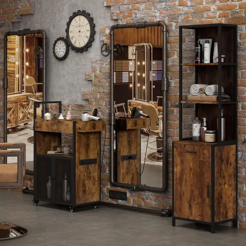 Miniatura 4 de Armario de almacenamiento de salón para estilista, equipo organizador de estación de salón con estantes abiertos, cajón y gabinete, marrón rústico