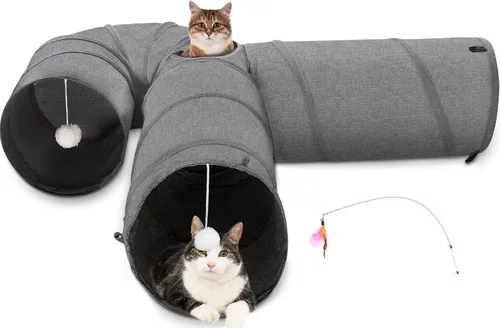 Miniatura 12 de Ownpets Túnel para gatos, túnel plegable de 3 vías, tubo para gatos de 47 pulgadas de largo con bola de felpa y juguete de plumas, túnel de juego