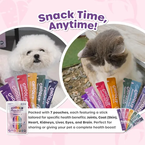 Miniatura 6 de Choolip Squeeze Vita Stick - Golosinas lamibles para gatos y perros, paquete variado de 7 unidades, puré cremoso con multivitaminas