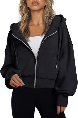 Trendy Queen Sudaderas con capucha para mujer, con cremallera completa, sudaderas recortadas, chaquetas informales, cómodas, para gimnasio, trajes