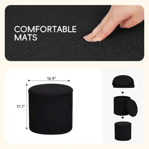 Miniatura 3 de PINPLUS Otomana con Stroage redondo Boucle otomana y bandeja Sherpa extraíble pie taburete mesa de café para dormitorio, sala de estar, negro, 16.9