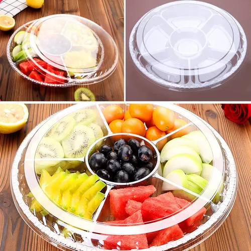 Miniatura 7 de 10 bandejas redondas de plástico para aperitivos con tapa, bandeja dividida para servir, bandejas desechables para almacenamiento de alimentos